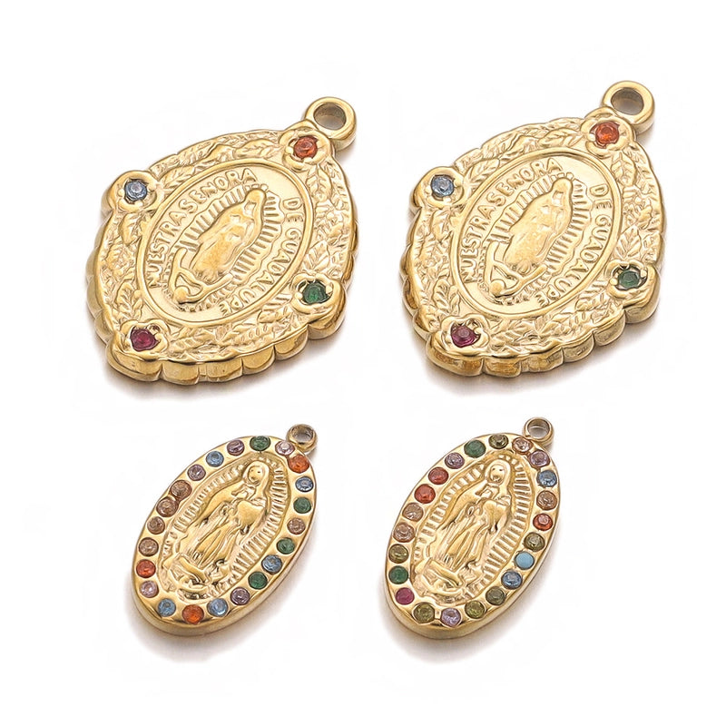 4 Pieces Per Pack 304 Stainless Steel Rhinestones Virgin Mary Color Block Pendant Jewelry Accessories