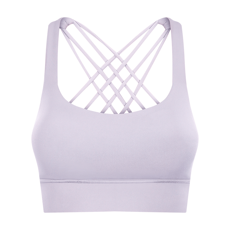 Light purple lotus shop widened hem back criss cross straps double sided brushed nylon toe dye shock absorber push up sports bra online at hergymclothing.com