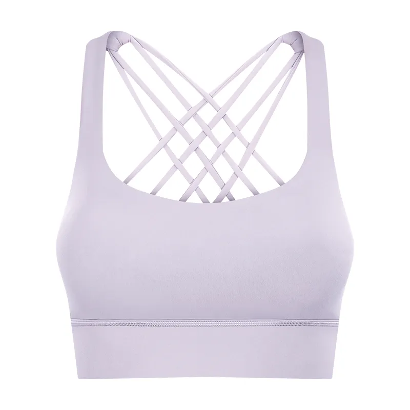 Light purple lotus shop widened hem back criss cross straps double sided brushed nylon toe dye shock absorber push up sports bra online at hergymclothing.com