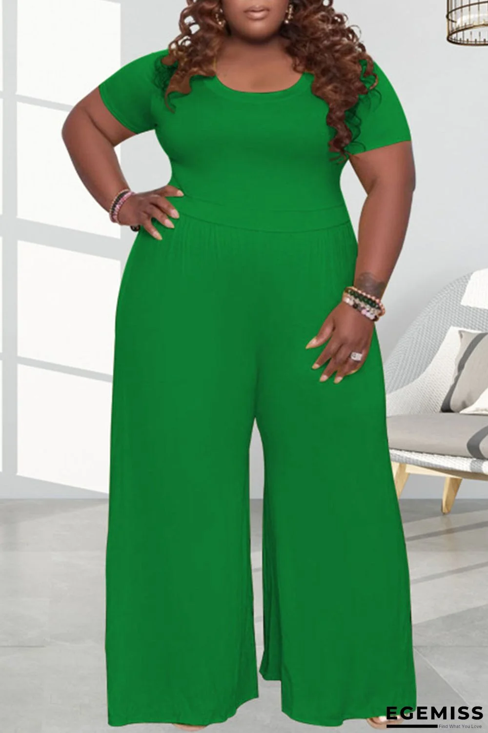 Green Casual Solid Patchwork O Neck Plus Size Jumpsuits | EGEMISS