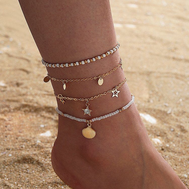 Boho Beaded Star Disc Anklet Set of Four