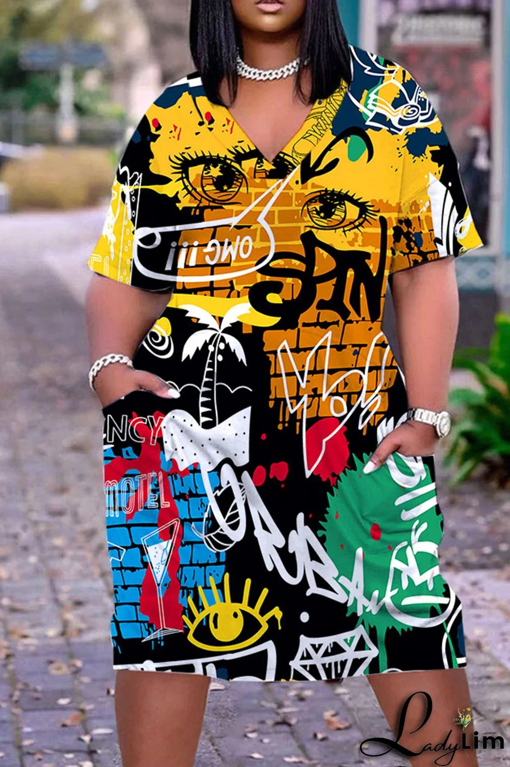 Light Brown Casual Work Print Patchwork V Neck Straight Dresses