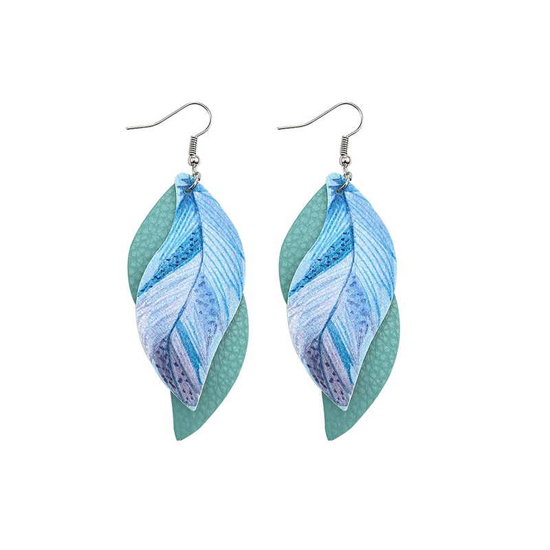 Casual Cyan PU Leather Double Layer Feather Print Earrings