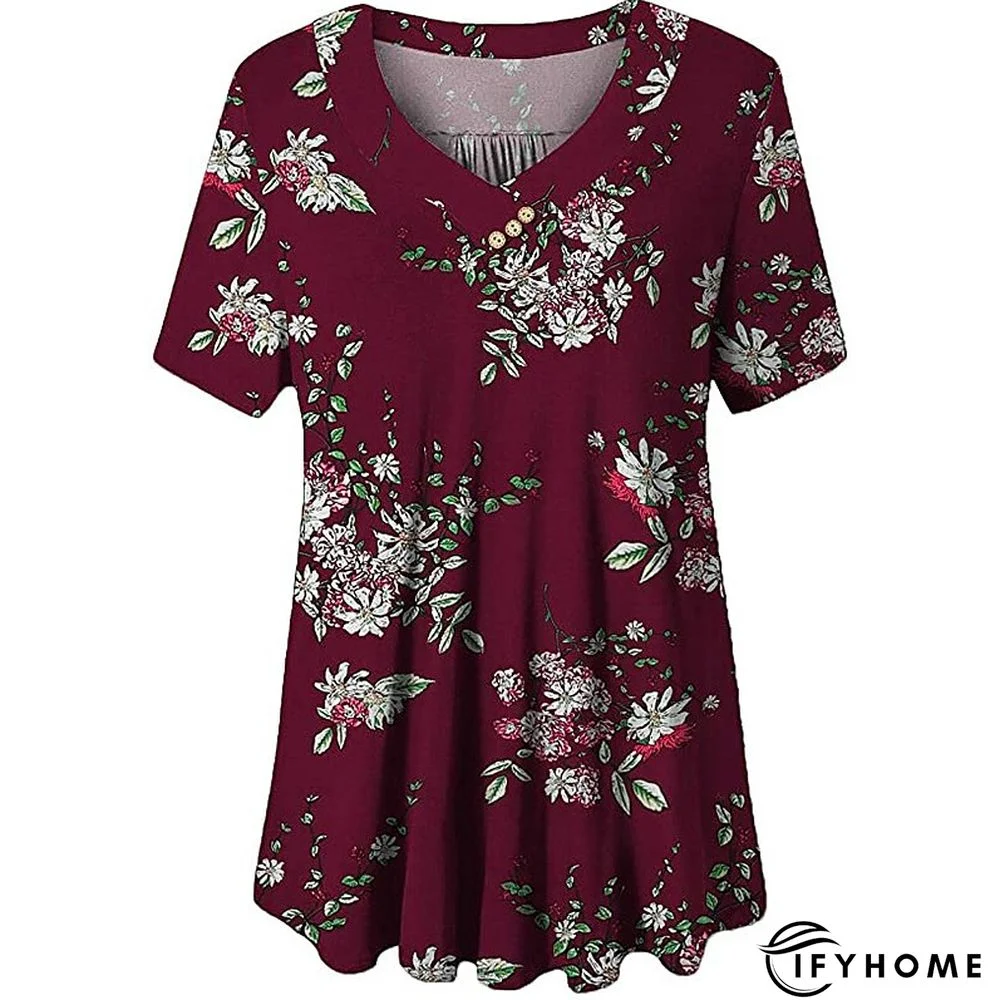 Women's Shirt Blouse Denim Blue Black White Leopard Floral Print Short Sleeve Casual Holiday Basic V Neck Regular Floral Plus Size M | IFYHOME