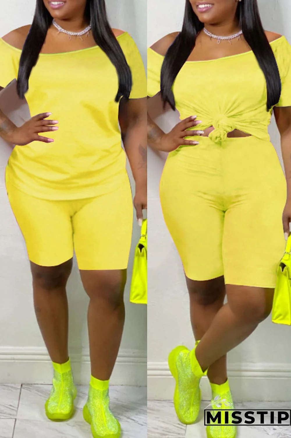 Yellow Fashion Casual Solid Basic Plus Size Two Pieces