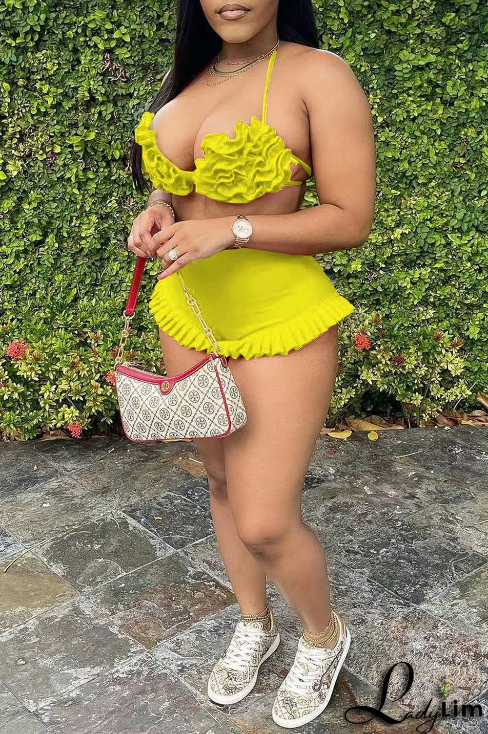 Pink Sexy Solid Split Joint Halter Sleeveless Two Pieces