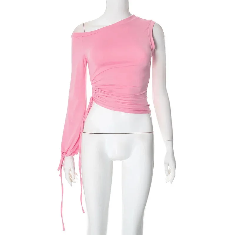 Toloer Pink One Shoulder Drawstring Top-Outfit Ideas
