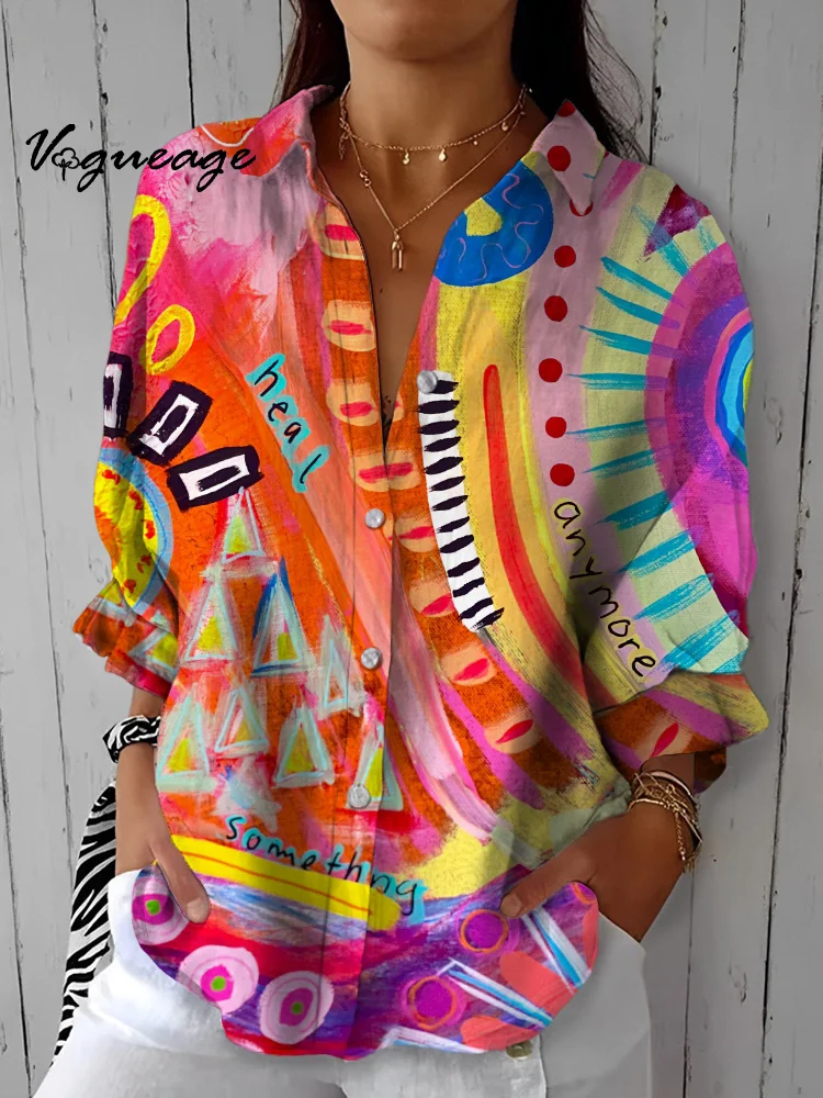 Bright And Colorful Creative Patterns Printed Cotton And Linen Shirt