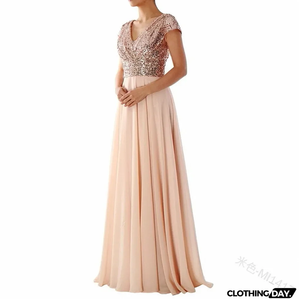 Summer dress v-neck sequined chiffon Patchwork long evening dress
