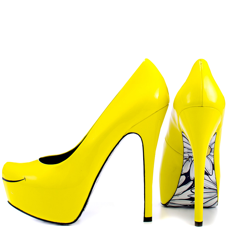 Women's Yellow Platform Heels Floral Print Almond Toe Stiletto Heel Pumps |FSJ Shoes