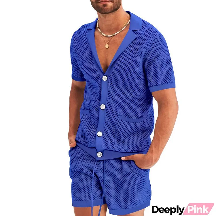 Men's Fashion V-Neck Short-Sleeved Hollow Knitwear And Shorts Two-Piece Set