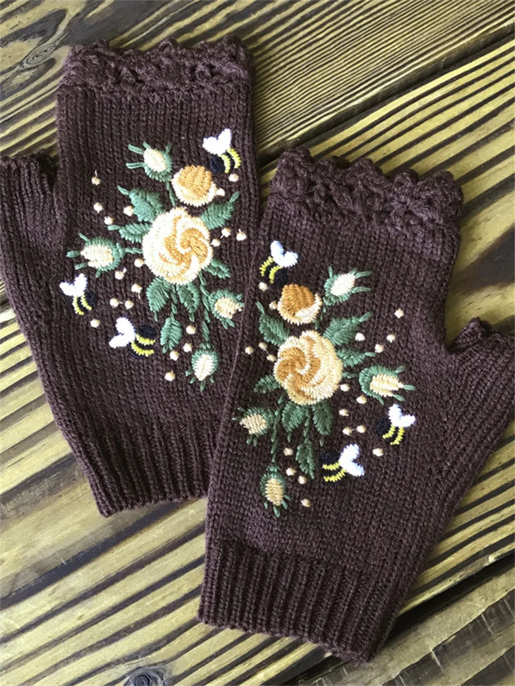Bee Floral Embroidered Fingerless Gloves