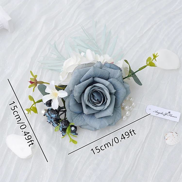 A8634 Haze Blue White Series With Greenery Wrist Flower Wedding Floral Arrangement