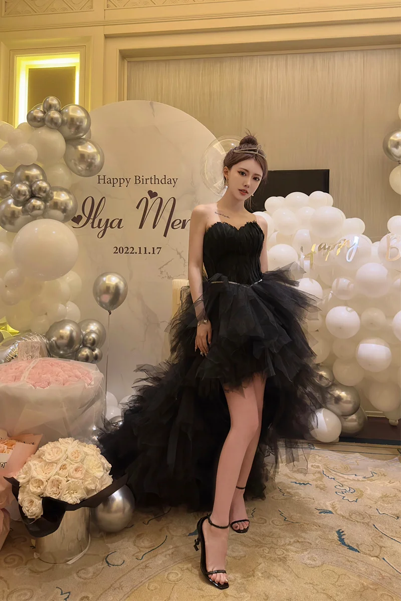 Abebey-nye outfits Women's Big Swing Evening Dress Sexy Strapless Backless Feather Lace Skirt Dubai Banquet Gown Elegant Dresses for Women Vestidos-back to school dress 2025