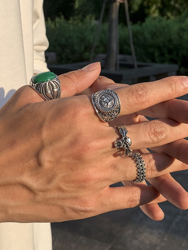 Comstylish Men's Vintage Imitation Malachite Ethnic Skull Set Ring