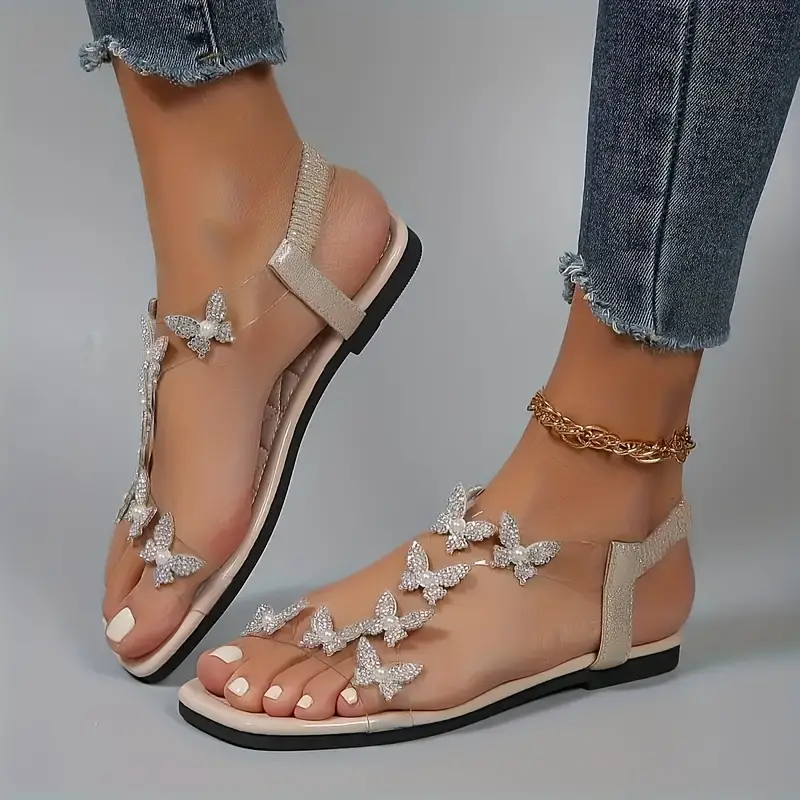 women s rhinestone butterfly decor flat sandals casual open details 4