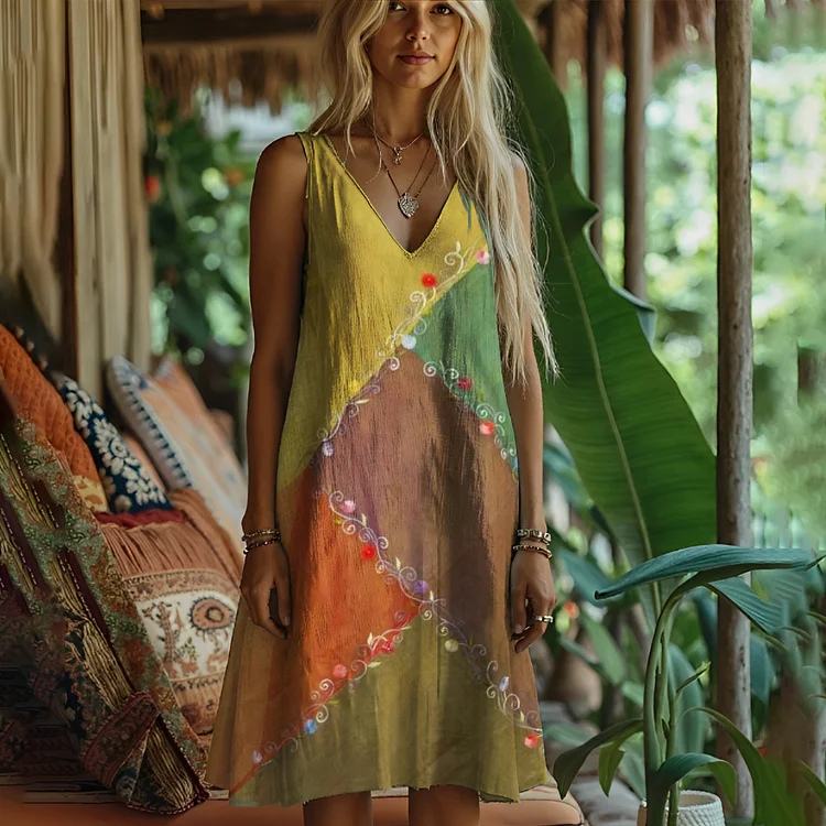 Simpfit Boho Spitze Floral Patchwork Art Damen Leinen Tank Kleid