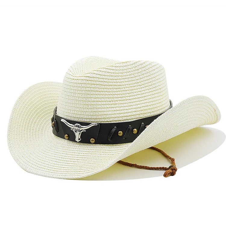 Western Foldable Bullhead Studded Belt Straw Hat