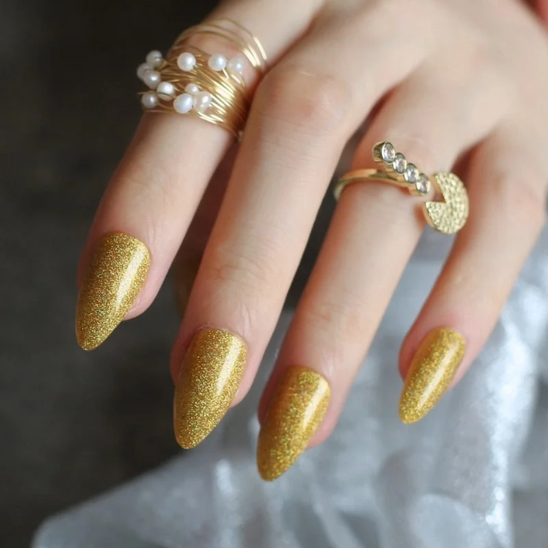 gel polish UV coffee Almond Holographic glitter art nails tabs Stiletto False nail Brown red fake Nails Gold silver 24pcs-Nail Inspo