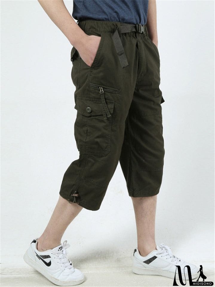 MidiSono - Men&rsquo;s Casual Front Zip Fastening Multi-Pocket Lightweight Cargo Cropped Pants