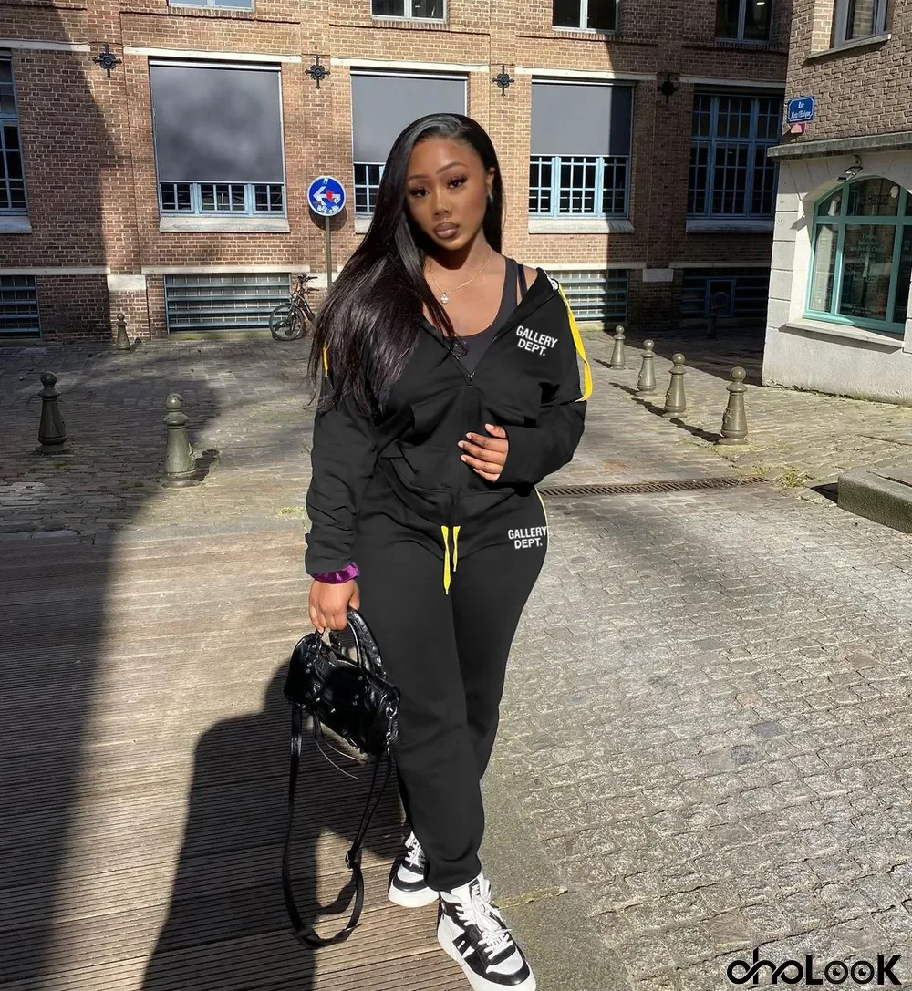 Casual Sport Print Zipper Hooded Two Piece Set