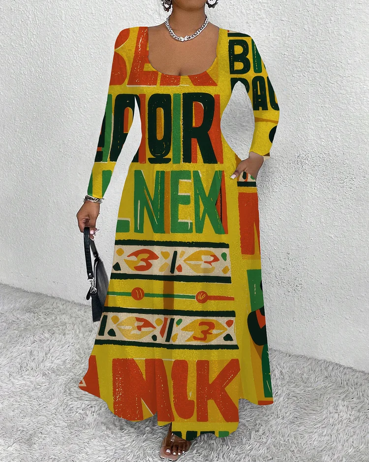 Fun Letter Prints Round Neck Long Sleeve Maxi Dress