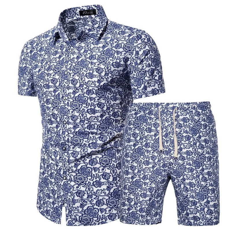 Personality Summer New Men's Clothing Short-sleeved Printed Shirts Shorts 2 Piece Fashion Male Casual Beach Wear Clothes