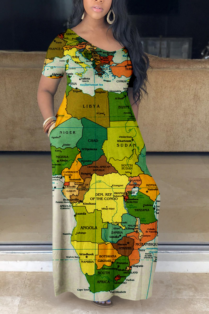 Plus Size Casual Green Map Print Short Sleeves Summer Sun With Pockets African Maxi Dress