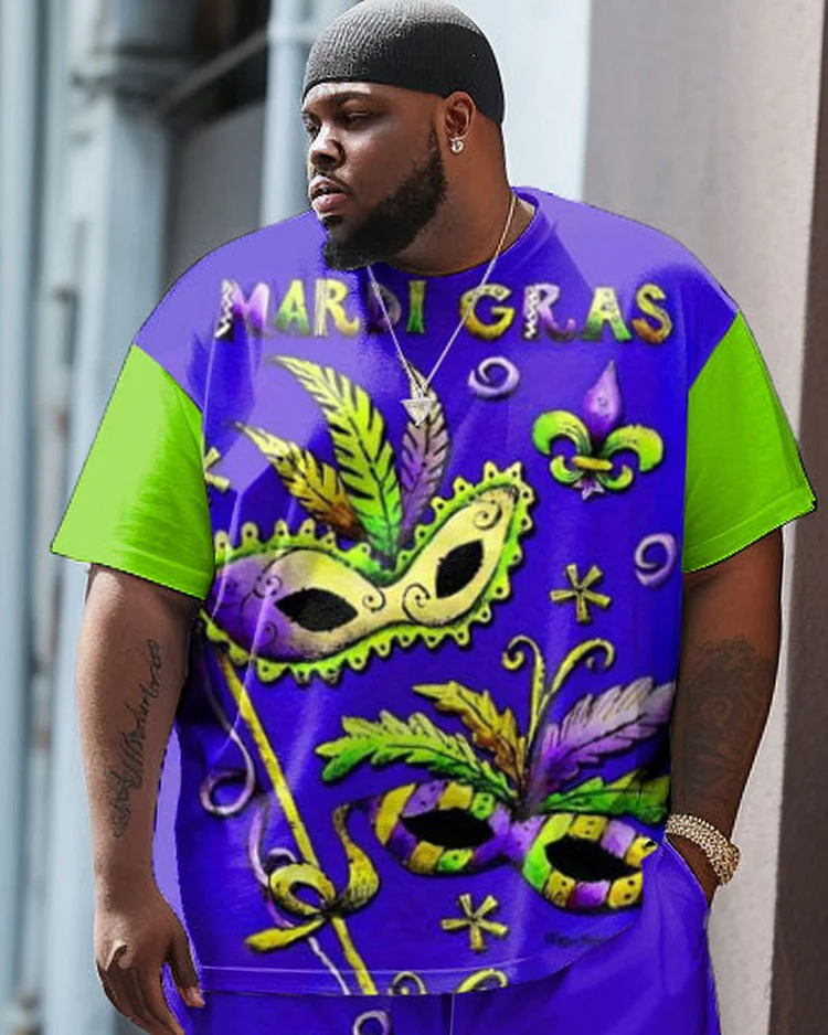 Men's Large Size Street Color Block Retro Carnival Hip Hop Casual Two Piece Suit