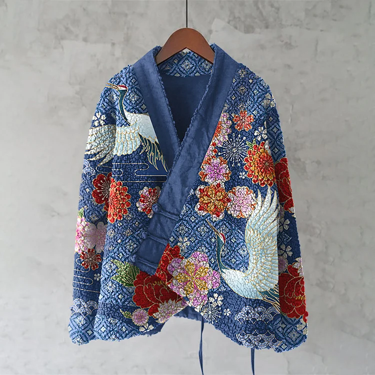 Retro Crane Spring Japanese Art Cozy Fleece Kimono Cardigan