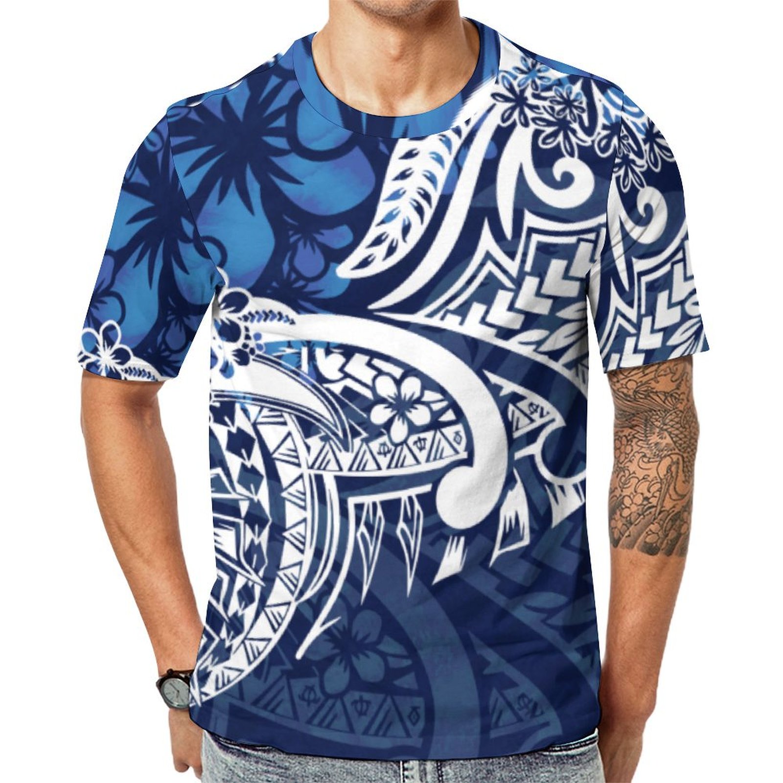 Samoan Hawaiian Polynesian Blue Tribal Print Short Sleeve Print Unisex Tshirt Summer Casual Tees for Men and Women Coolcoshirts