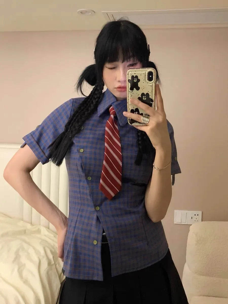OLCooL Y2k Vintage Irregular Plaid Short Sleeve Shirt Women American Retro Blouse Preppy Style Street Summer Fashion Clothes olcool