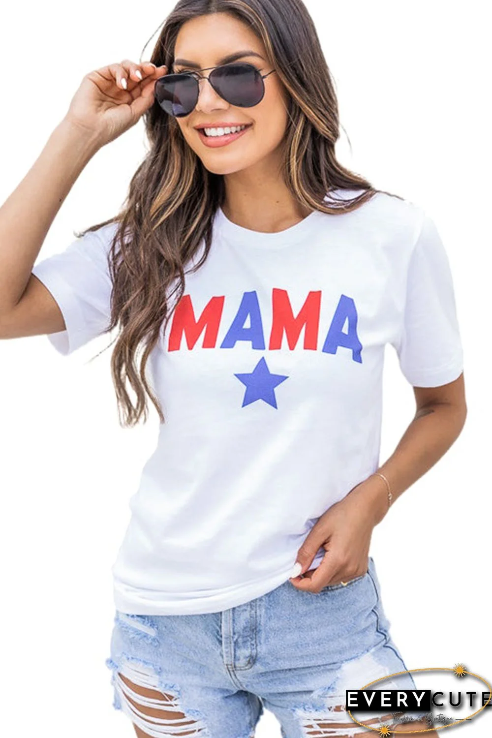 White MAMA Star Print Short Sleeve Crew Neck T Shirt