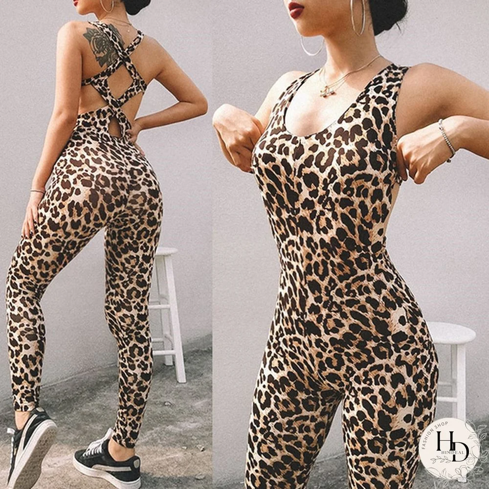 Fashion Women's Leopard Print Yoga Leotard Sleeveless Backless Jumpsuit