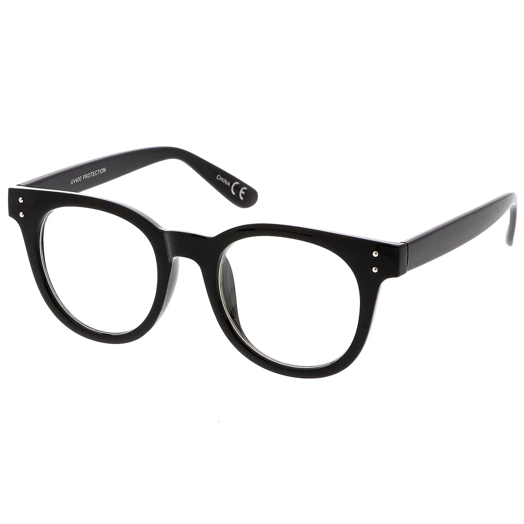 Classic Horn Rimmed Eyeglasses With Rivet Accent Wide Arms Clear Lens 48mm