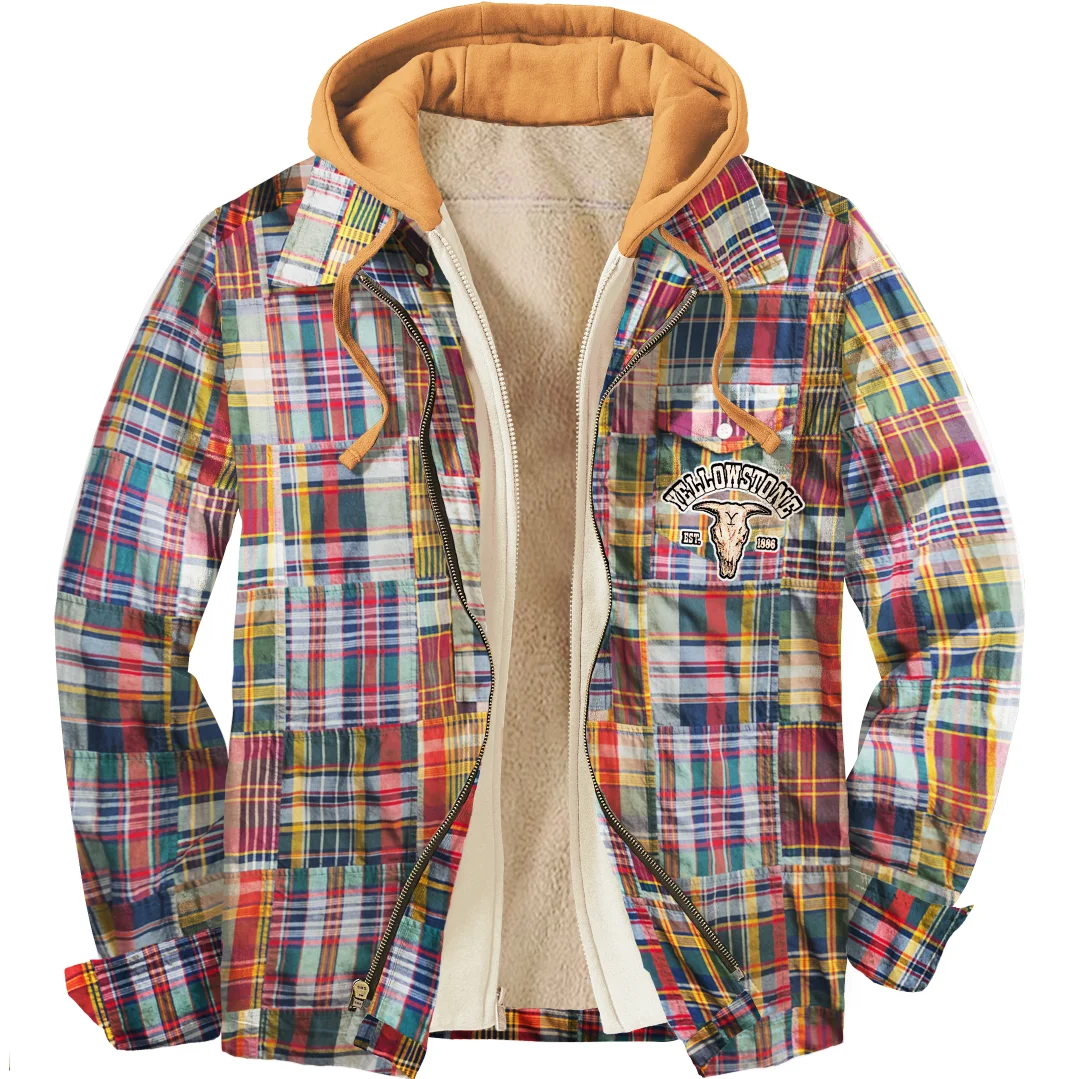 Men's Unisex Patchwork Check Yellowstone Western Shirt Hooded Jacket-barclient