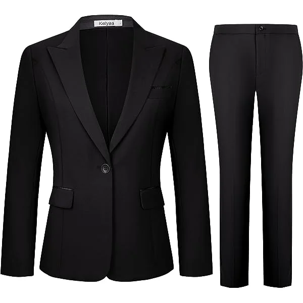 Women's 2 Piece Business Office Suit Lady Peaked Lapel Slim Fit One Button Blazer Jacket and Pants Set X-Small Black