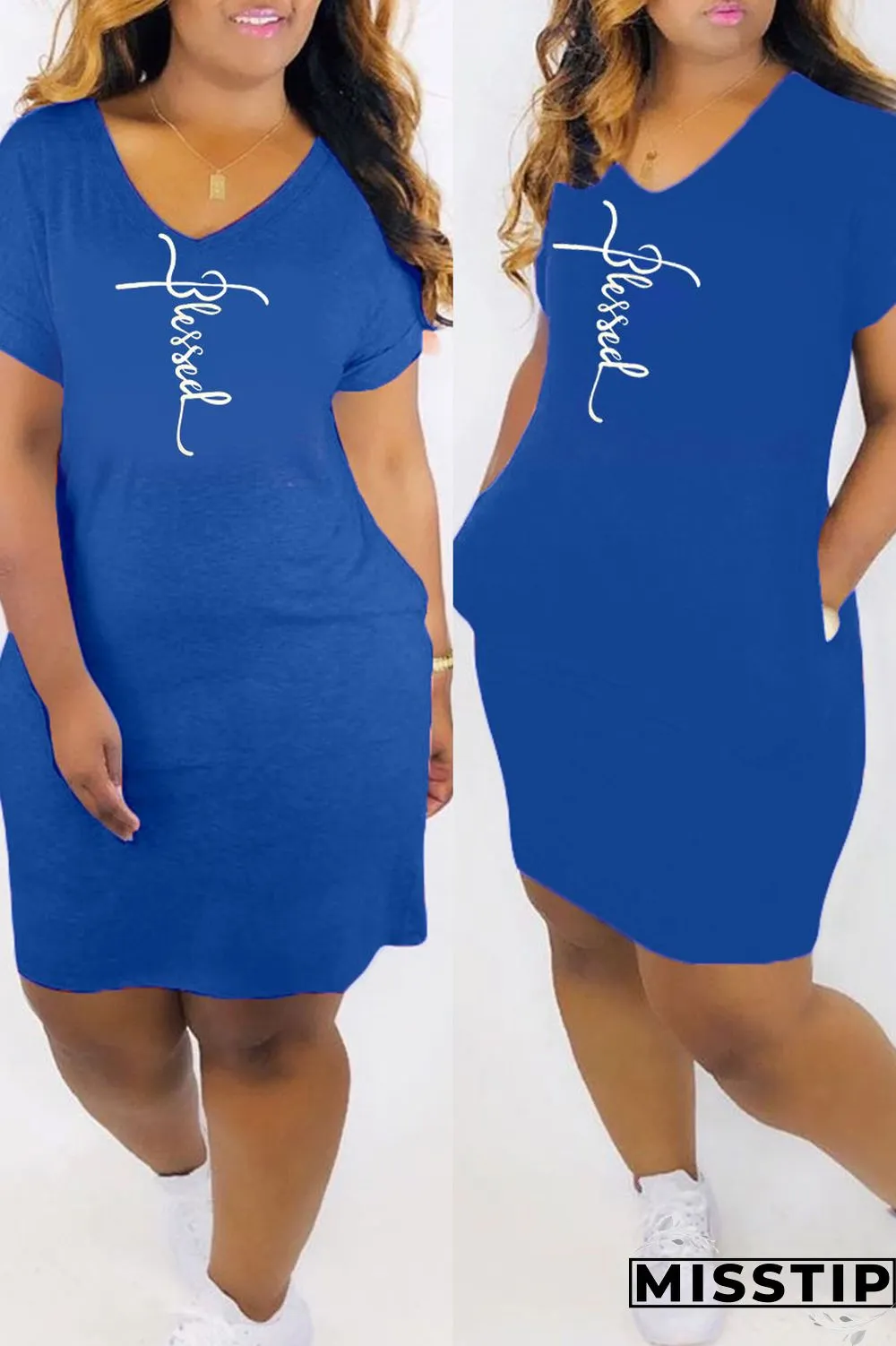White Fashion Casual Print Basic V Neck Short Sleeve Dress
