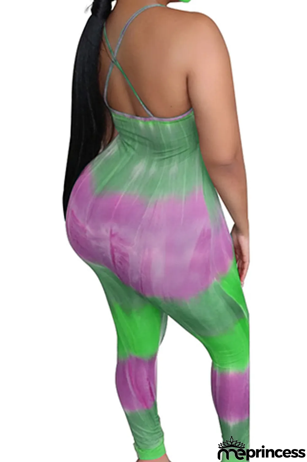 Blue Fashion Sexy Tie-dyed Sleeveless Slip Jumpsuits