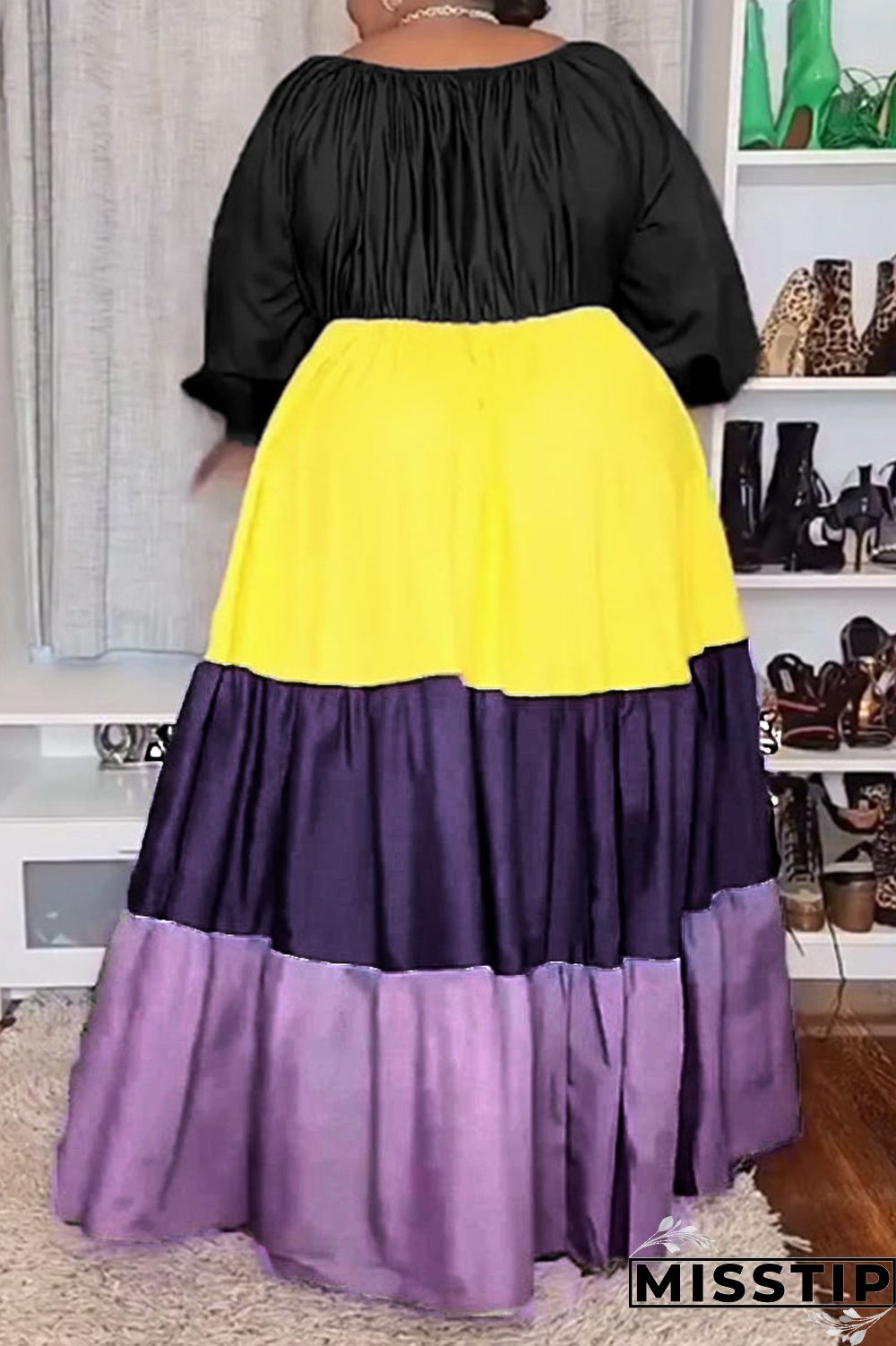 Green Casual Solid Patchwork Square Collar A Line Plus Size Dresses