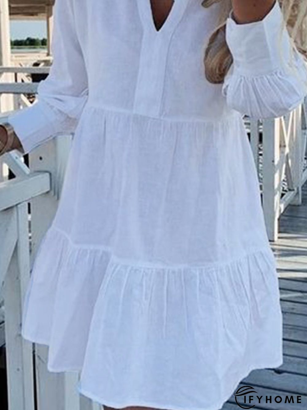 Casual V neck Plain Loose Long Sleeve Dress | IFYHOME