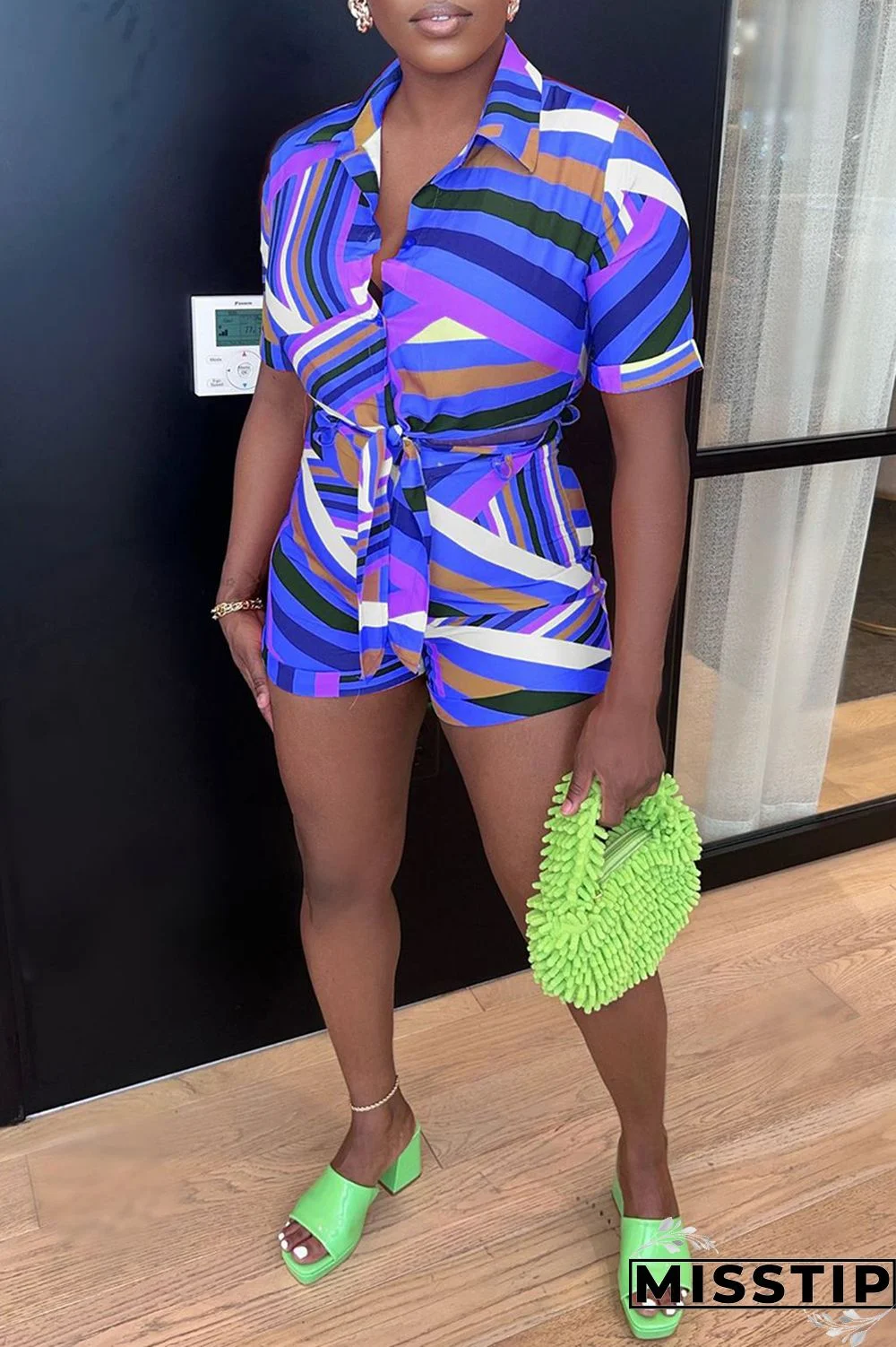 Blue Casual Print Patchwork Turndown Collar Short Sleeve Two Pieces