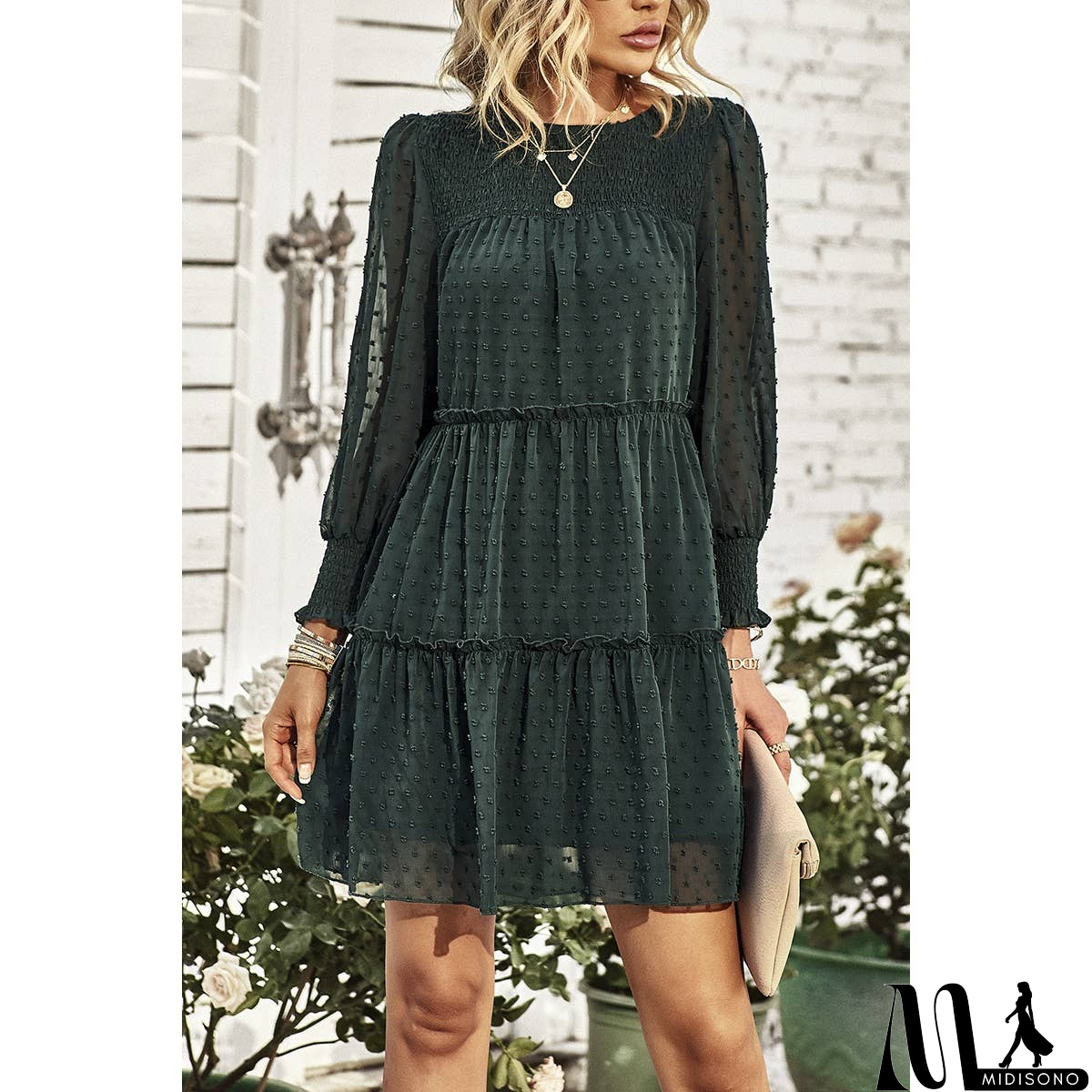 MidiSono - Dot Solid Ruched Color Block Ruffle Lined Midi Dress