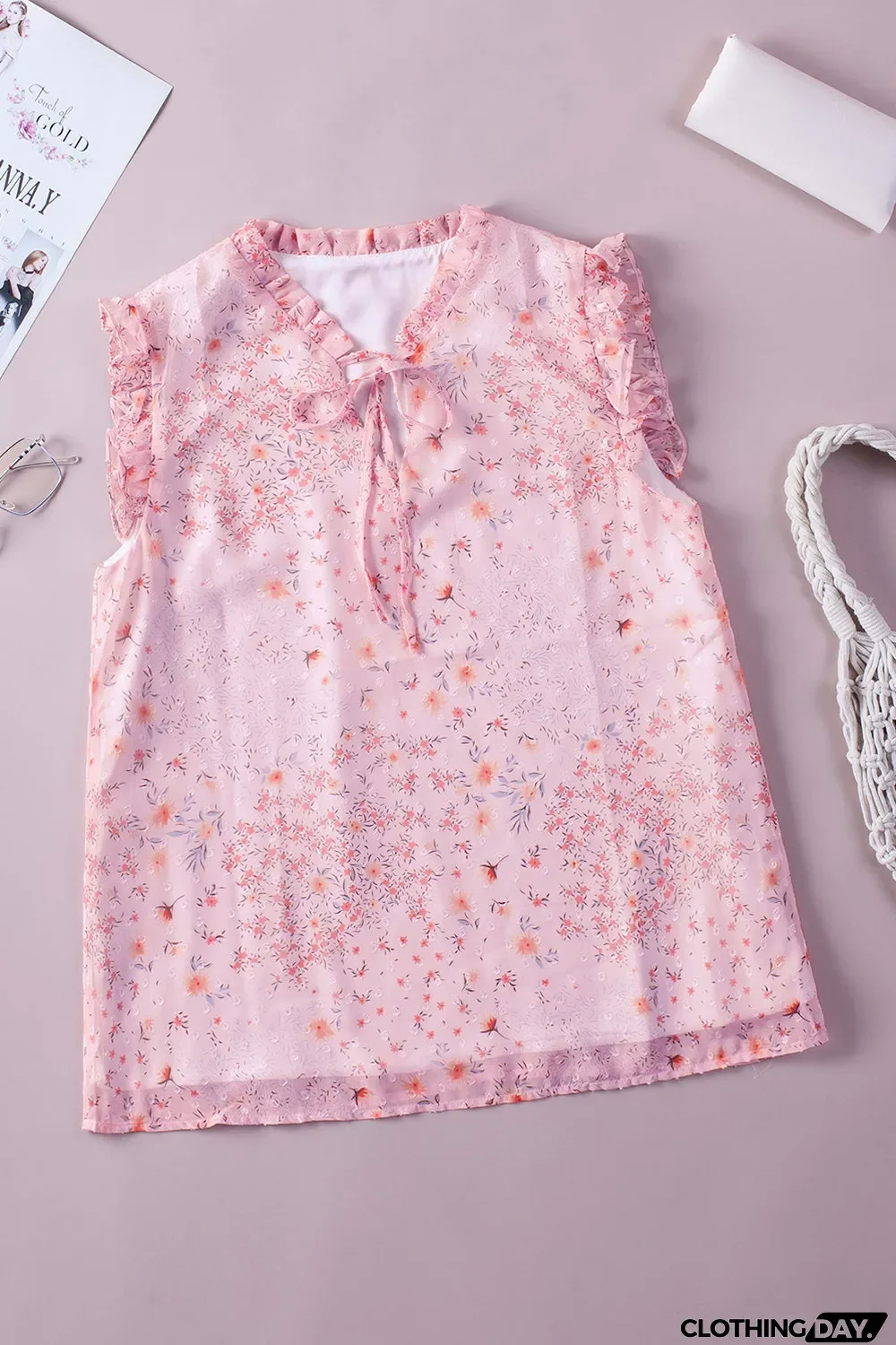 Pink Floral Print Drawstring Frill Trim Sleeveless Top