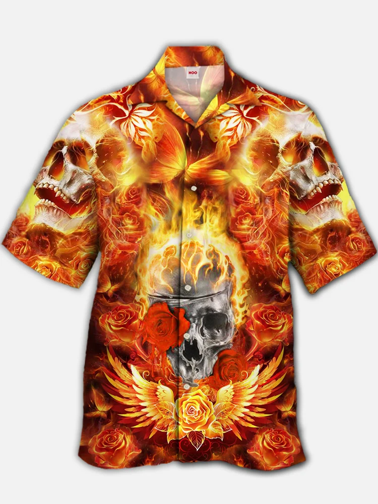 Eye-Catching Winged Flame Rose And Skulls Printing Cuban Collar Hawaiian Short Sleeve Shirt BestDVibe