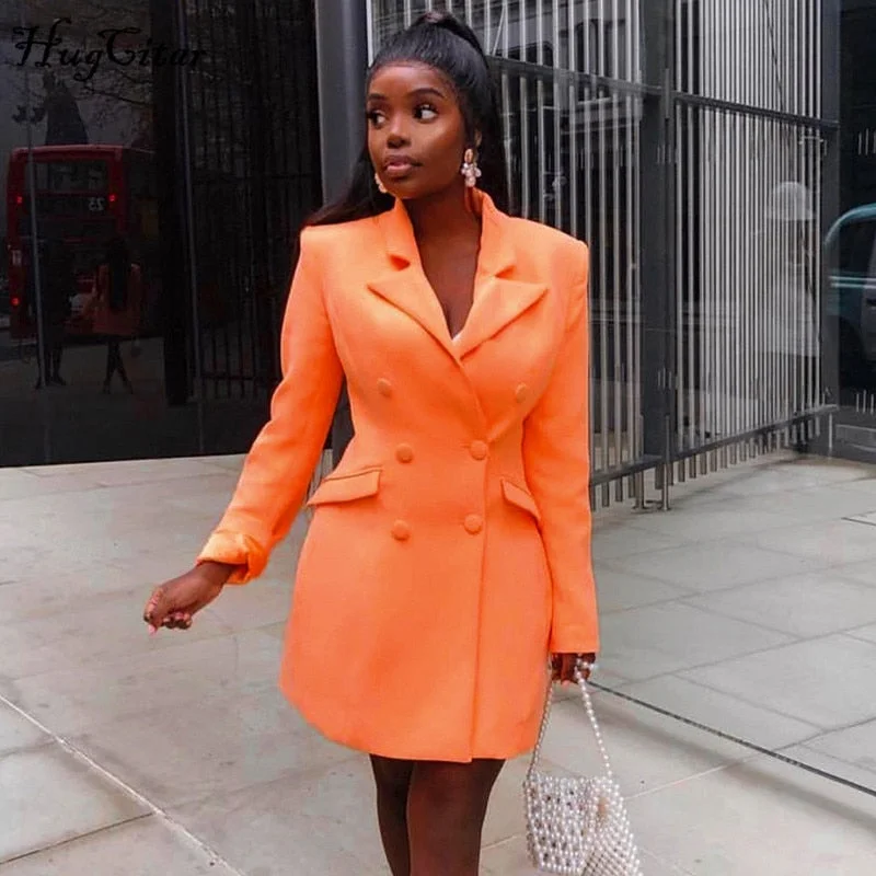 Hugcitar 2021 long sleeve slim blazer dress autumn winter women fashion pure orange streetwear outfits windbreak