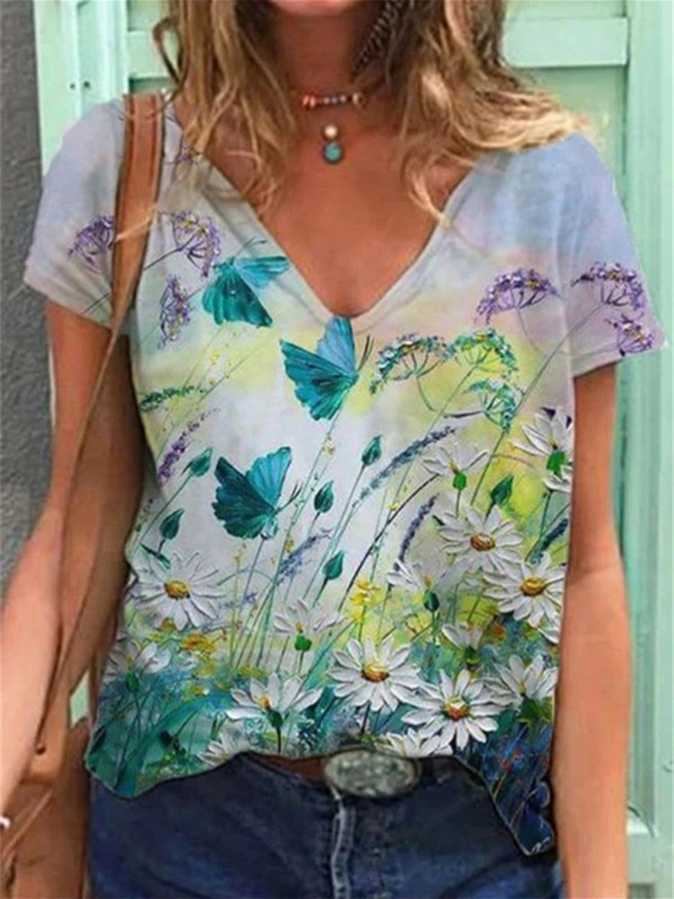 Floral Art Painting V Neck T Shirt wearshes