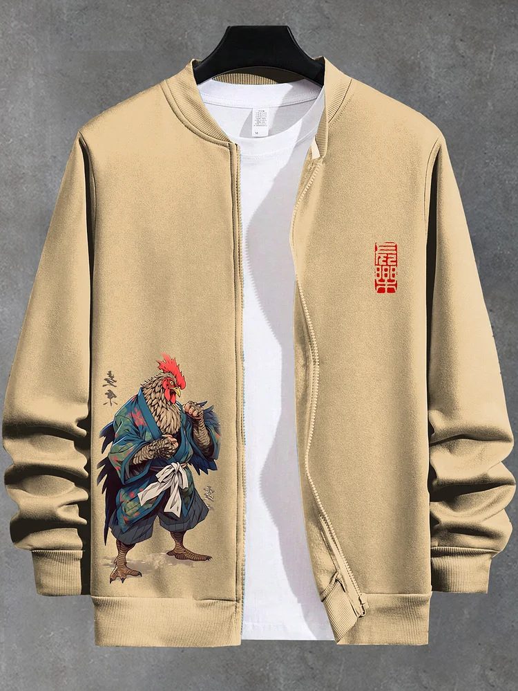Men's Japanese Rooster Samurai Ukiyo-e Print Zip Up Jacket