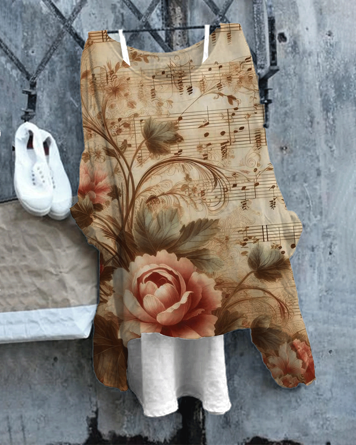 Women's Vintage Piano Score & Flower Print Linen Blend Flowy Tunic