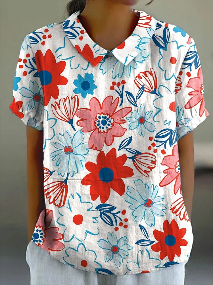 Women's Patriotic Floral  Art Print Casual Cotton And Linen Shirt